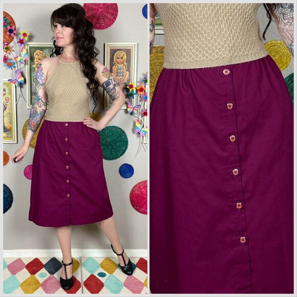 Vintage 1980s Purple High Waist Button Front A-Line Skirt - Picture 1 of 7